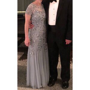 Adrianna Papell Silver Beaded Formal Gown, Evening, Wedding, Mother-of-the-Bride